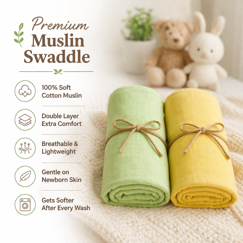 KitMik Organic Crinkled Muslin Baby Swaddle/Towel/Blanket for Infant and Toddlers Kids Boys and Girls-Set of 2