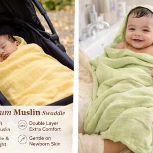 KitMik 100% Cotton Muslin Baby Swaddle, Baby Towel, Size-105cm x 105 cm, 0-18 Month+,Muslin Swaddle Wrap for New Born,Yellow - Image 2