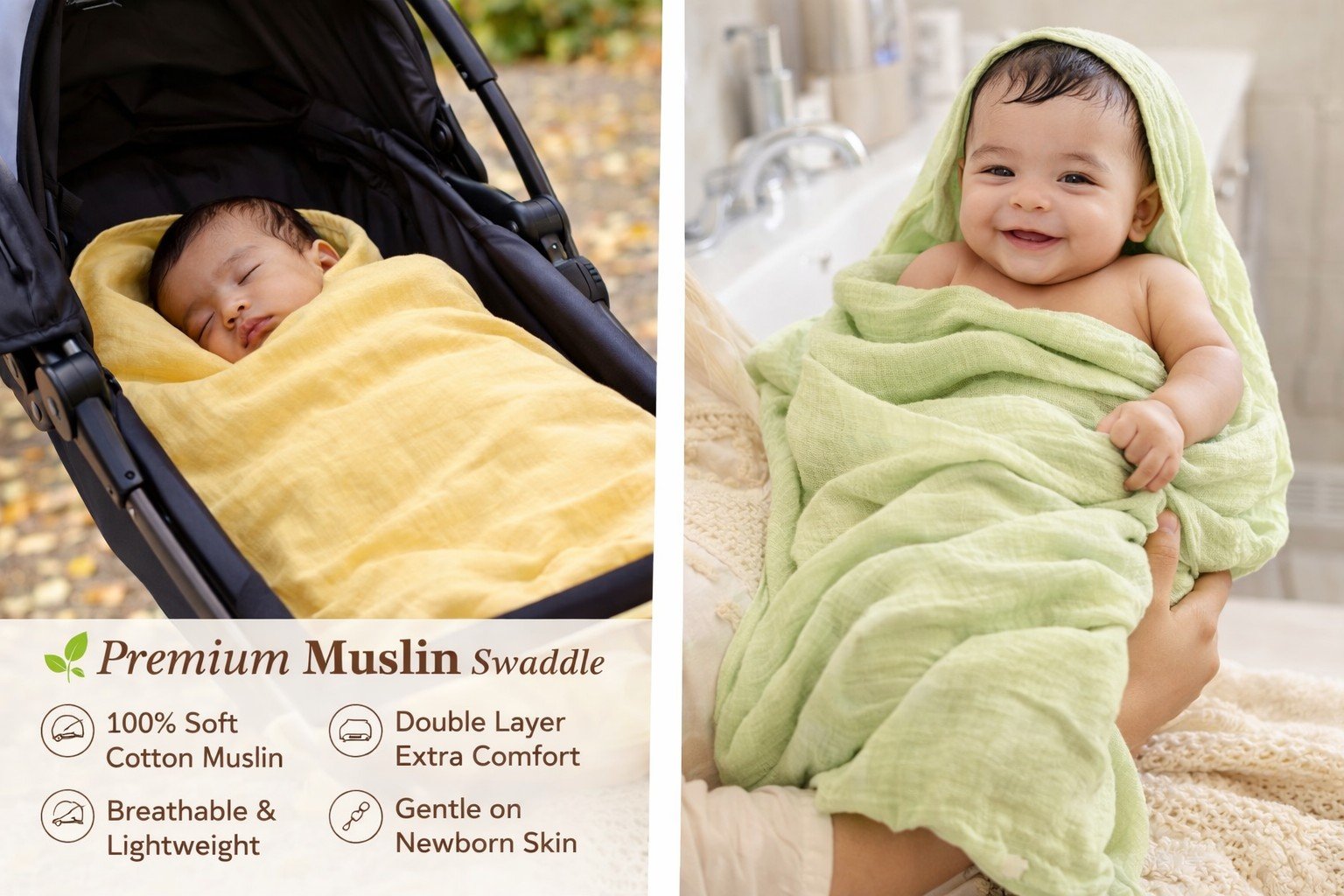 KitMik Double Layer Crinkled  Muslin Baby Swaddle Set, Baby Towel, Size-105cm x 105 cm, 0-18 Month+, Light weight Swaddle Wrap for New Born, Pack of 2,Yellow and White - Image 5