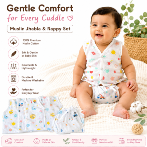 KitMik Organic Muslin Button Jhabla and 5-Layer Nappy Set – Ultra-Soft & Breathable Baby Clothing (Pack of 4 Jhabla & 4 Nappy)-Multi Print,0-3 Months - Image 2