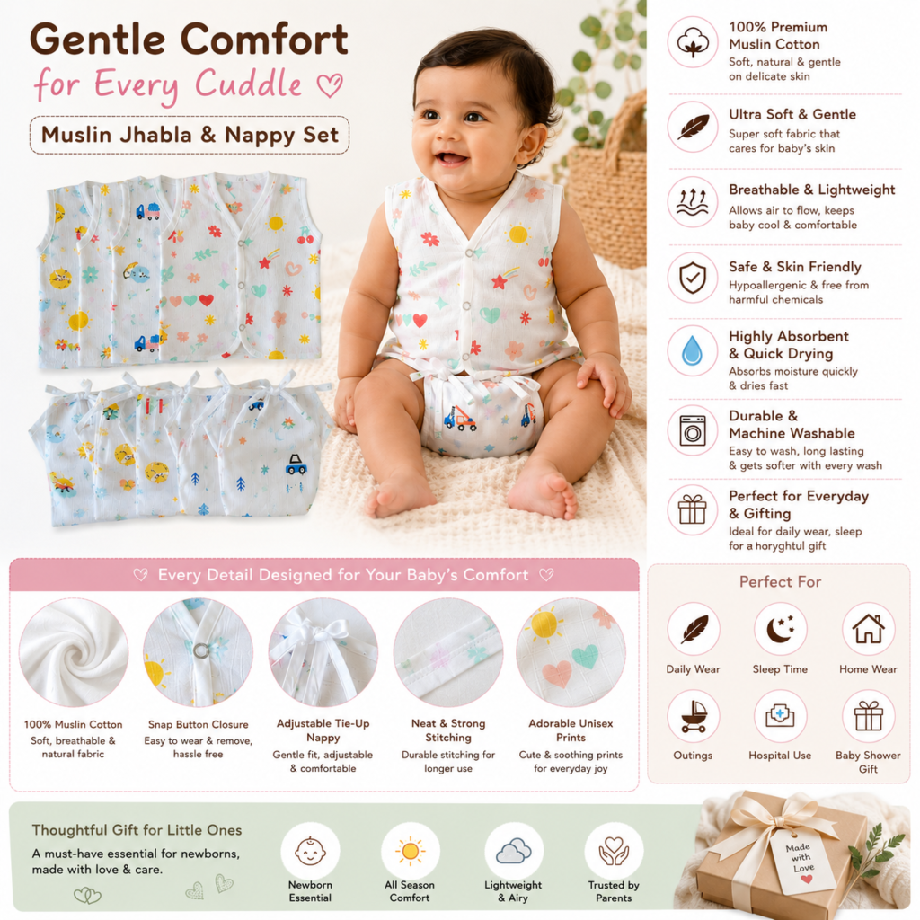 KitMik Organic Muslin Button Jhabla and 5-Layer Nappy Set – Ultra-Soft & Breathable Baby Clothing (Pack of 4 Jhabla & 4 Nappy)-Multi Print,0-3 Months