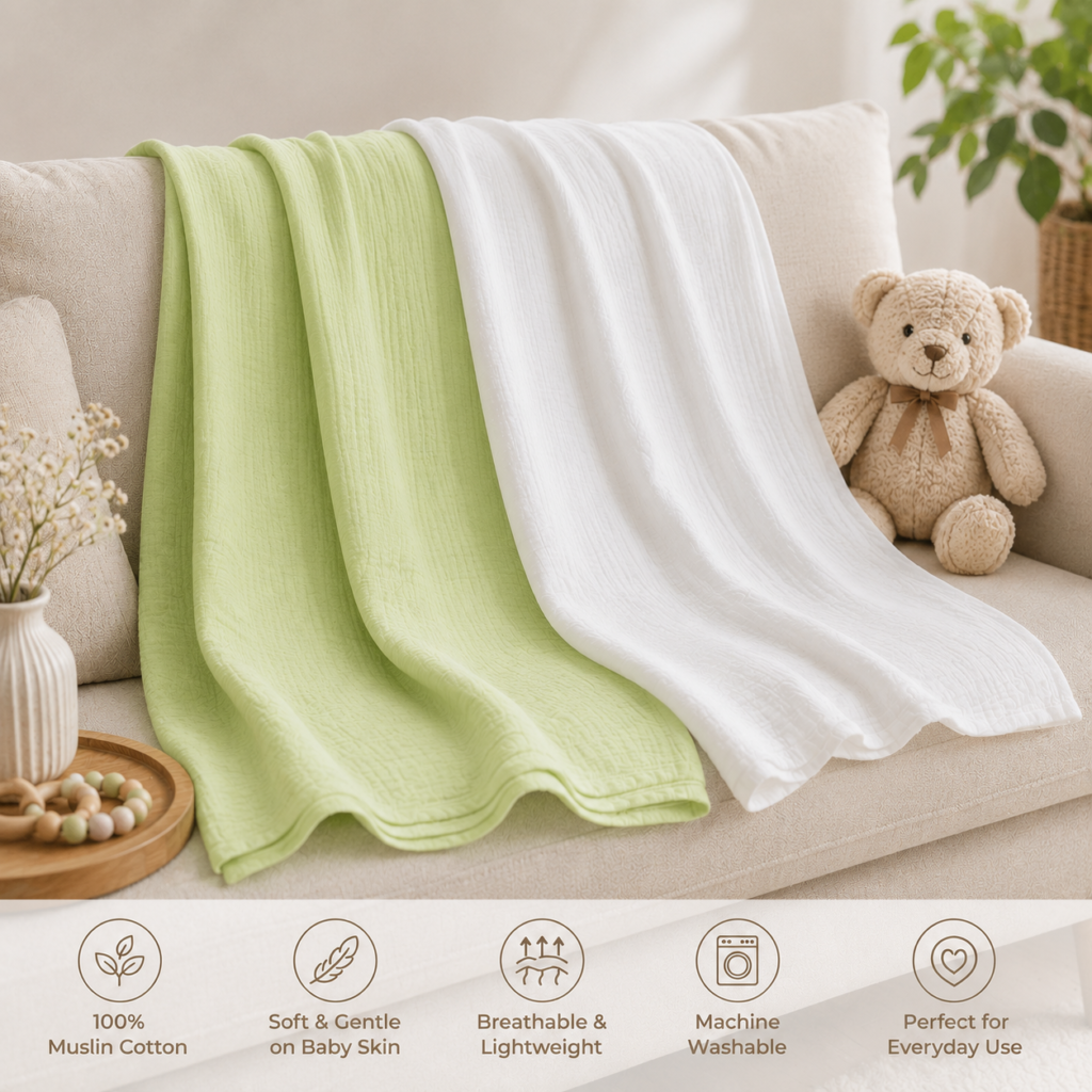 KitMik Crinkled Muslin Baby Swaddle Set, Baby Towel, Swaddle Blanket Size-105cm x 105 cm, 0-18 Month+, Muslin Swaddle Wrap for New Born, Pack of 2,White,Green
