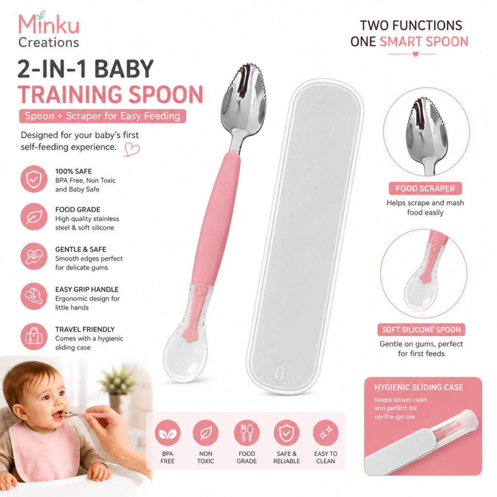 KitMik Double Side Head 2 in 1 Silicone Food Spoon, Stainless Steel Fruit Scraper for Baby & Toddler, Fruit Scraping & Feeding Spoons with Travel Case