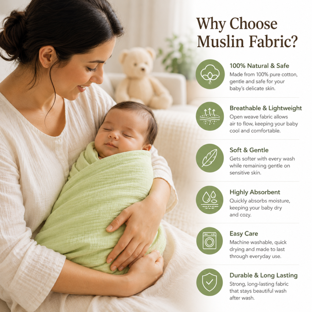 KitMik Crinkled Muslin Baby Swaddle Set, Baby Towel, Swaddle Blanket Size-105cm x 105 cm, 0-18 Month+, Muslin Swaddle Wrap for New Born, Pack of 2,White,Green