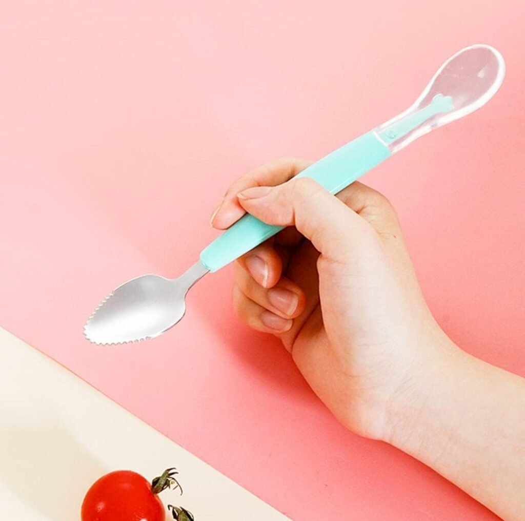 KitMik Double Side Head 2 in 1 Silicone Food Spoon, Stainless Steel Fruit Scraper for Baby & Toddler, Fruit Scraping & Feeding Spoons with Travel Case