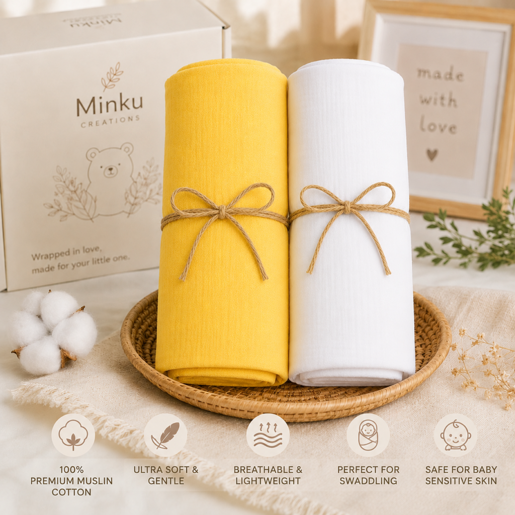 KitMik Double Layer Crinkled Muslin Baby Swaddle Set, Baby Towel, Size-105cm x 105 cm, 0-18 Month+, Light weight Swaddle Wrap for New Born, Pack of 2,Yellow and White